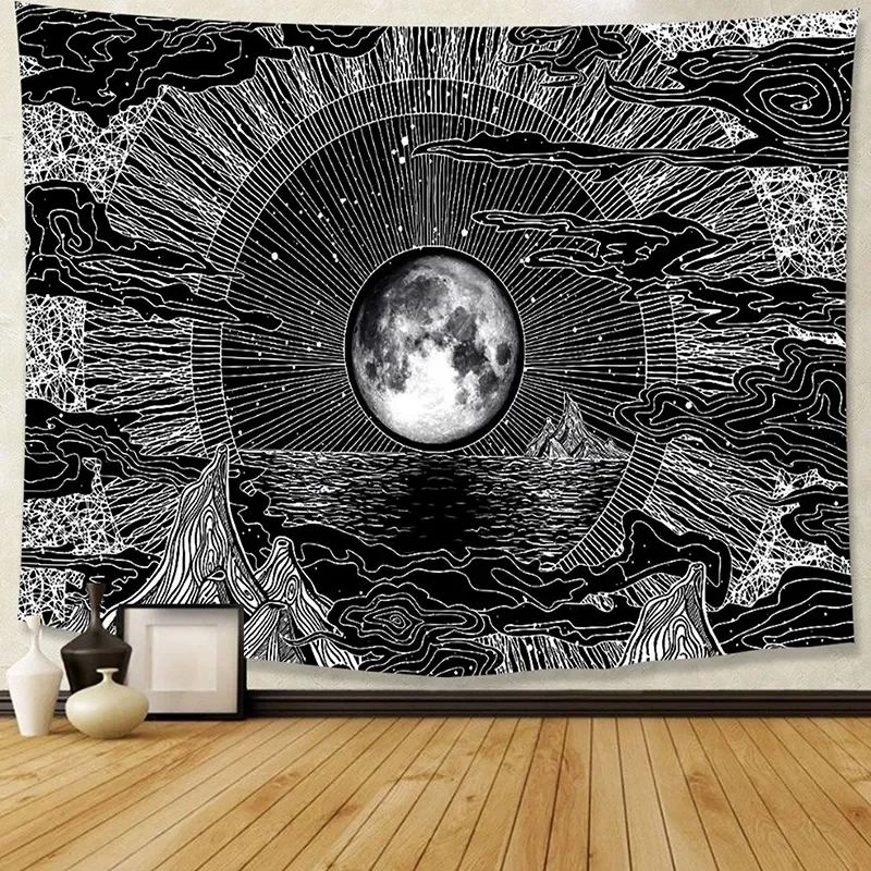 2026 New Seven Stars Moon And Star Tapestry Macrame Hanging Psychedelic Mountain Mandala Tapestry Boho Decor Hippie Wall Carpet