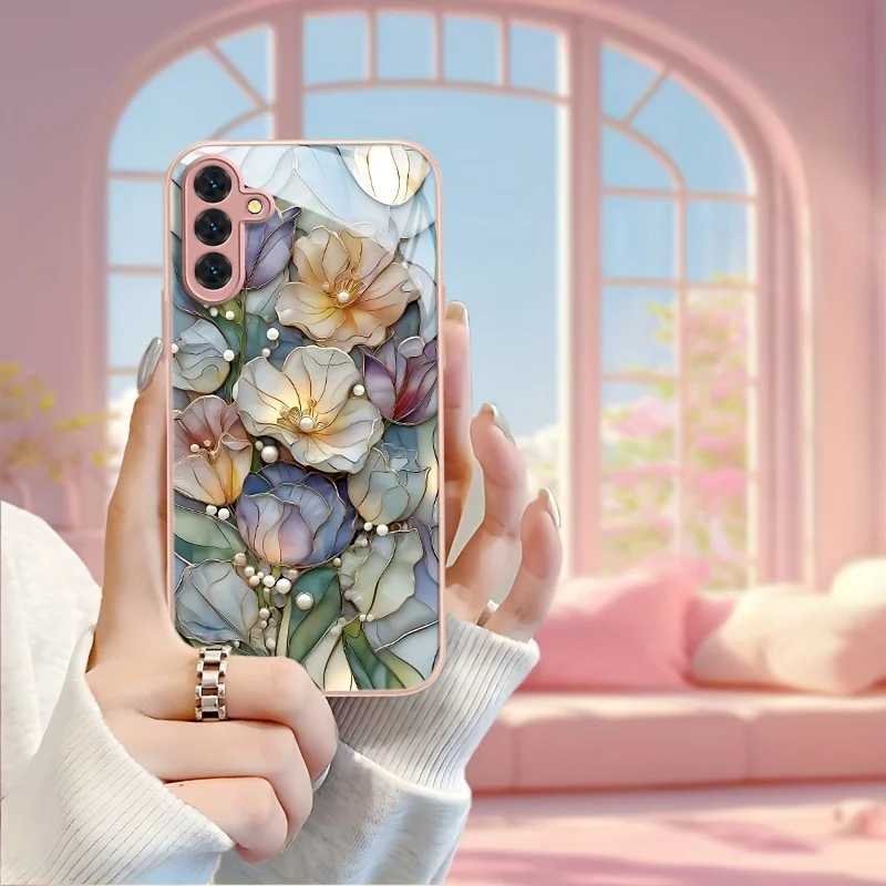 Colorful floral pattern glass phone case suitable for Samsung Galaxy S26 S25 S24 S23 S22 S20 FE/Ultra/Plus anti fall back cover