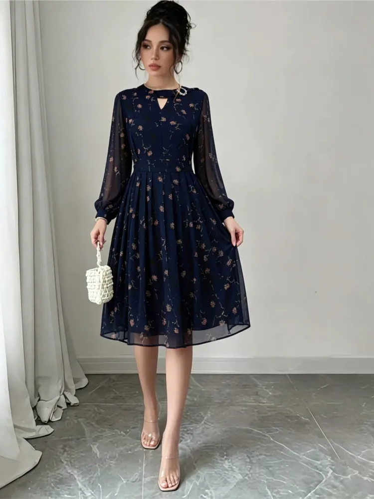 Women Elegant Floral Midi Dress Keyhole Neck A Line Flared Dress Vintage Print Party Casual Mid Length Dress Woman Robe Femme