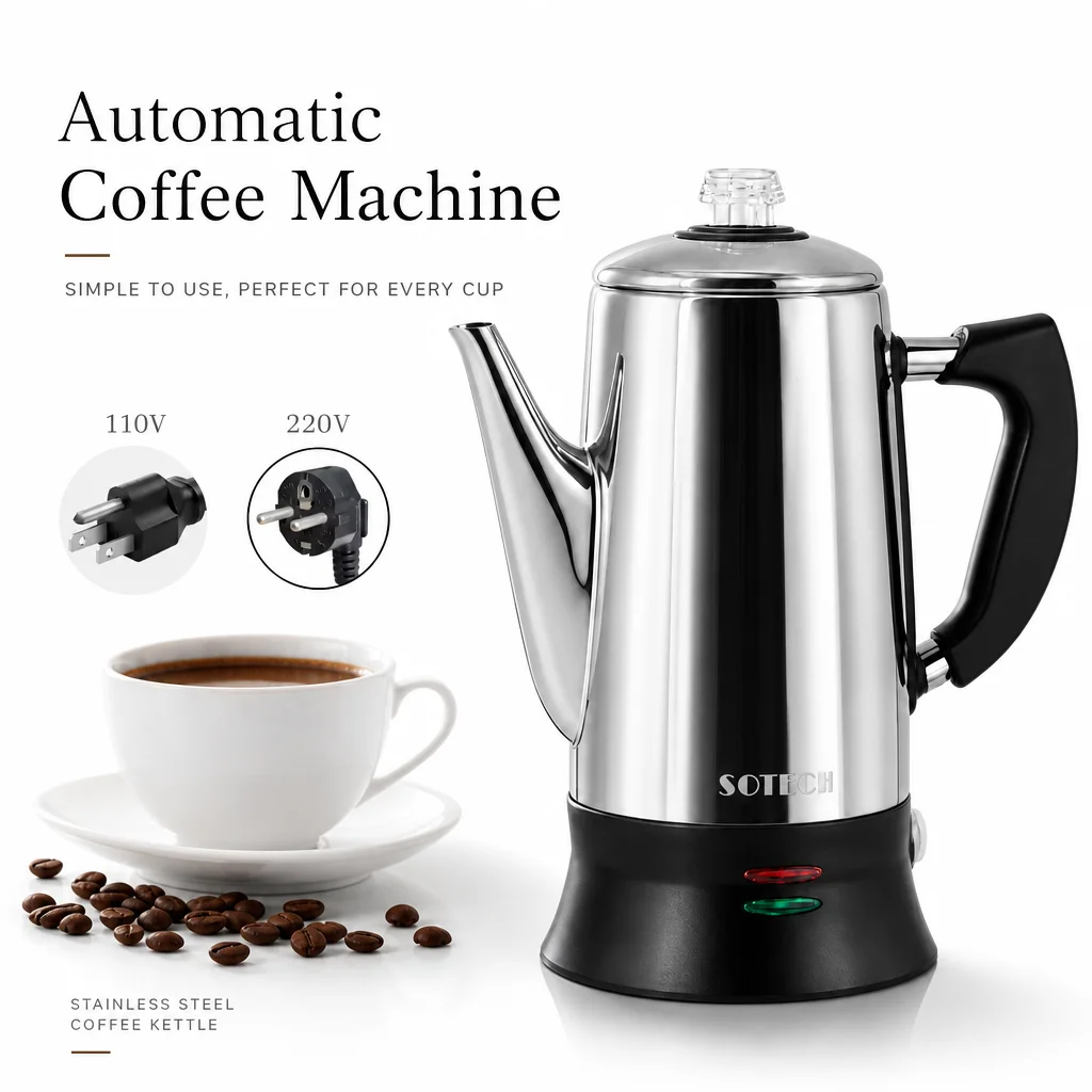 Large Capacity 1.8L Electric Coffee Percolator Stainless Steel 12 Cups Electric Coffee Kettle 110V 220V Home Office Coffee Maker