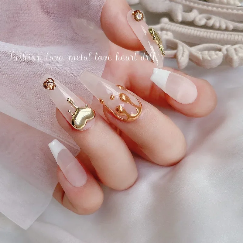 10pcs lava alloy heart nail charms, trendy textured heart teardrop metal rhinestones for fashionable nail decorative accessories