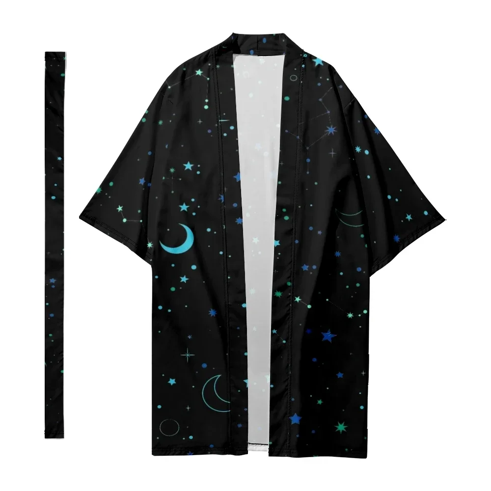 Kimono Long Japonais pour Homme et Femme, Cardigan, Costume de Samouraï, Motif Lune, Étoile, Espace, Chemise, Veste d'Entrée