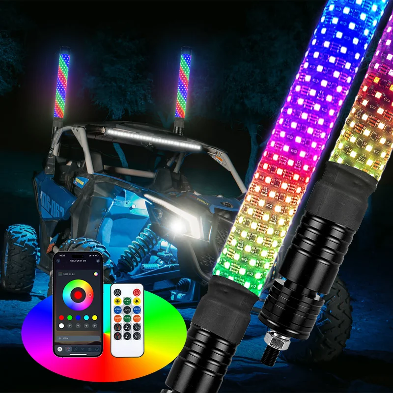 3ft Fat Whip LED Brake Turn Reverse Light Remote App Control DIY Super Bright Spiral RGB Chasing Dancing Light 12v Thick Antenna