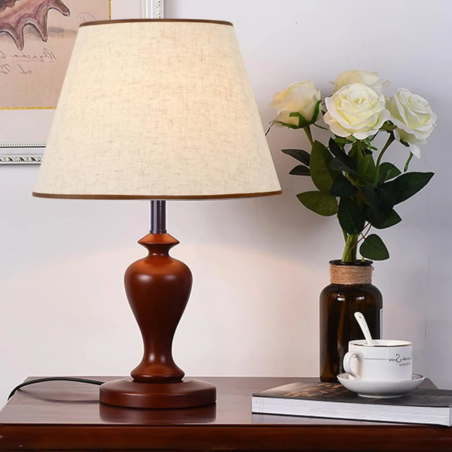 Table Lamp Retro Table Lamps Wooden Bedside Table Lamps With Fabric Lampshade Concise Nightstand Lamps For Home Office Cafe,