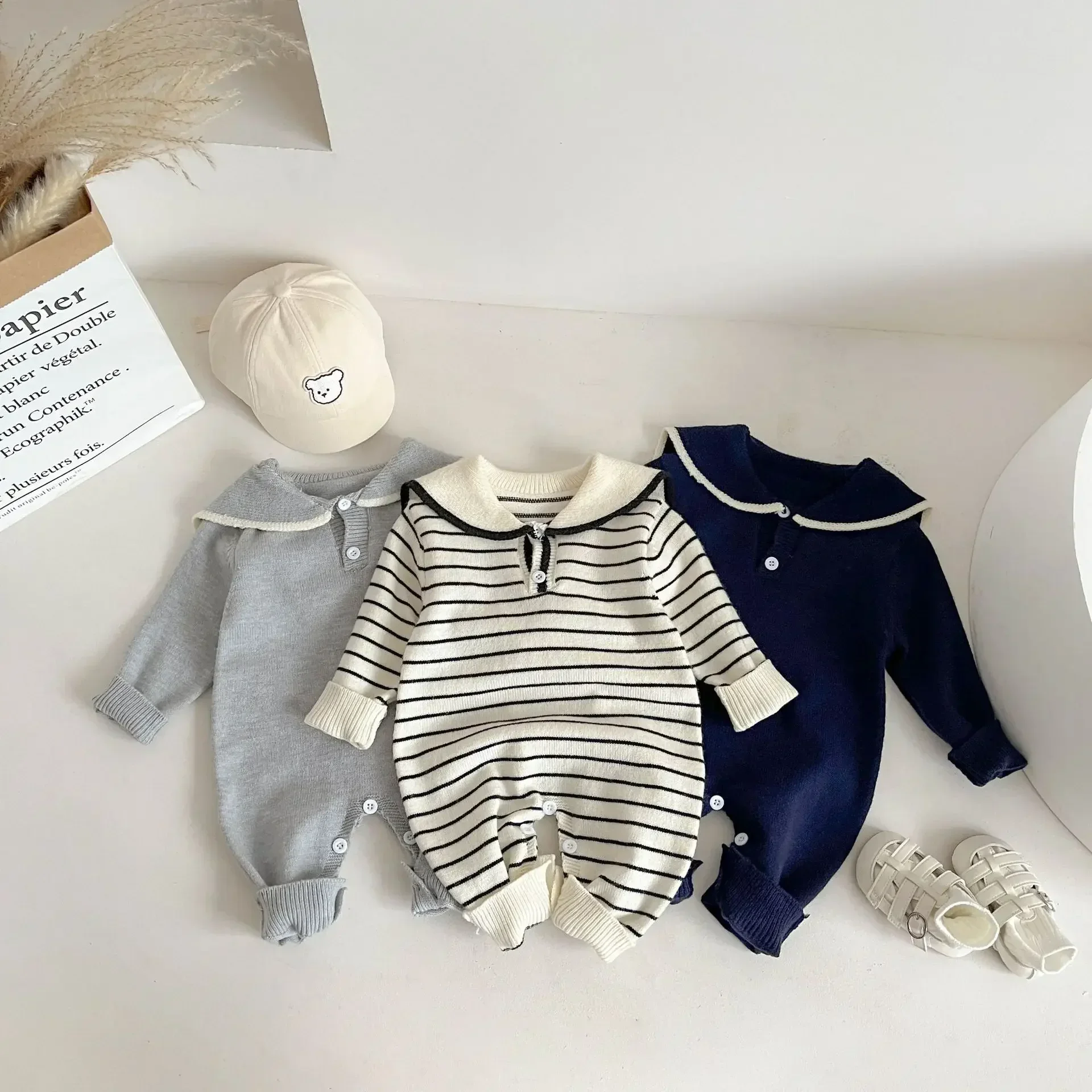 

4622 Baby Knitted Clothes Autumn 2024 New Navy Collar Boy's Knitted One Piece Clothes
