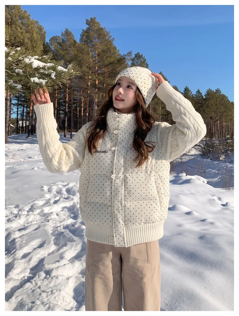 Korean Polka Dot Knit Patchwork Corduroy Cotton Jacket for Women Winter Sweet Thick Puffer Jackets Woman Stand Collar Y2K Parkas