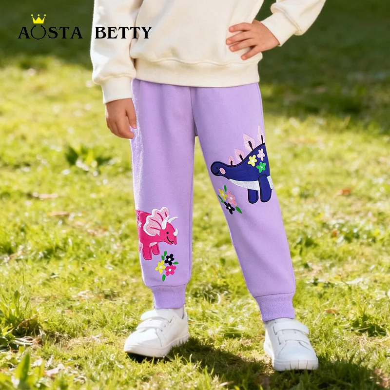Autumn new style girls' jogger pants cute dinosaur embroidery children's sports pants knitted cotton toddler long pants