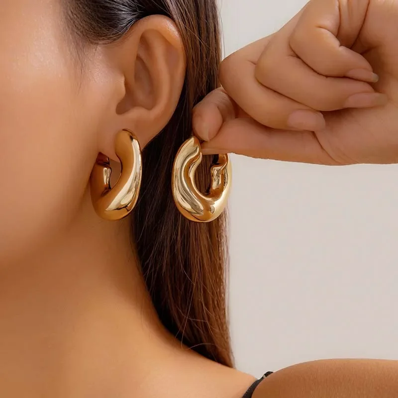 Vintage Metal Thick C-shaped Hoop Earrings for Women Punk Hip Hop Gold Color Irregular Round Earrings Party Jewelry Gift