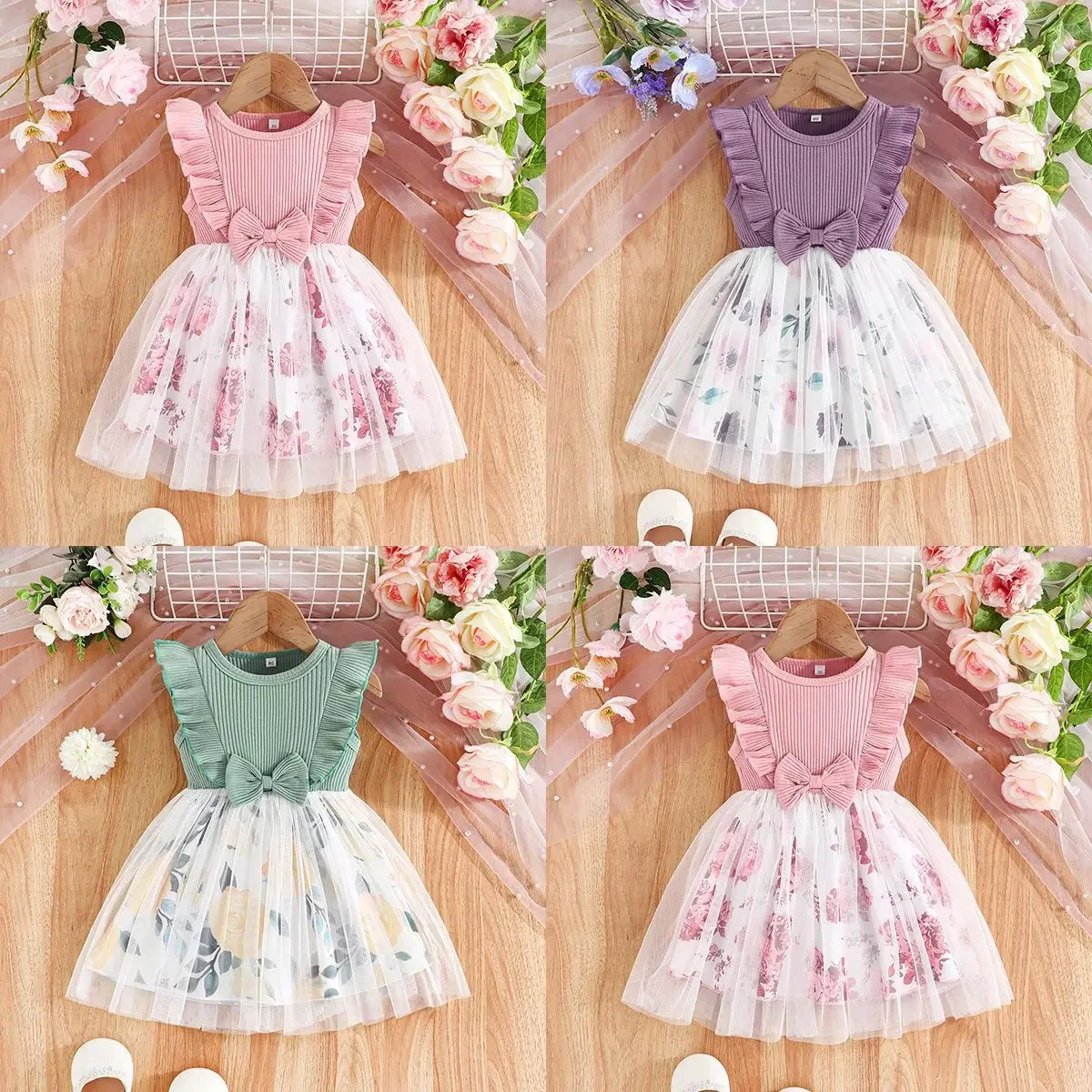 Baby Girl Dress for Summer New Solid Color Tutu Dresses for Lace Patchwork Dress for Flower Print Mesh 1-5Yrs Children\'s Clothes