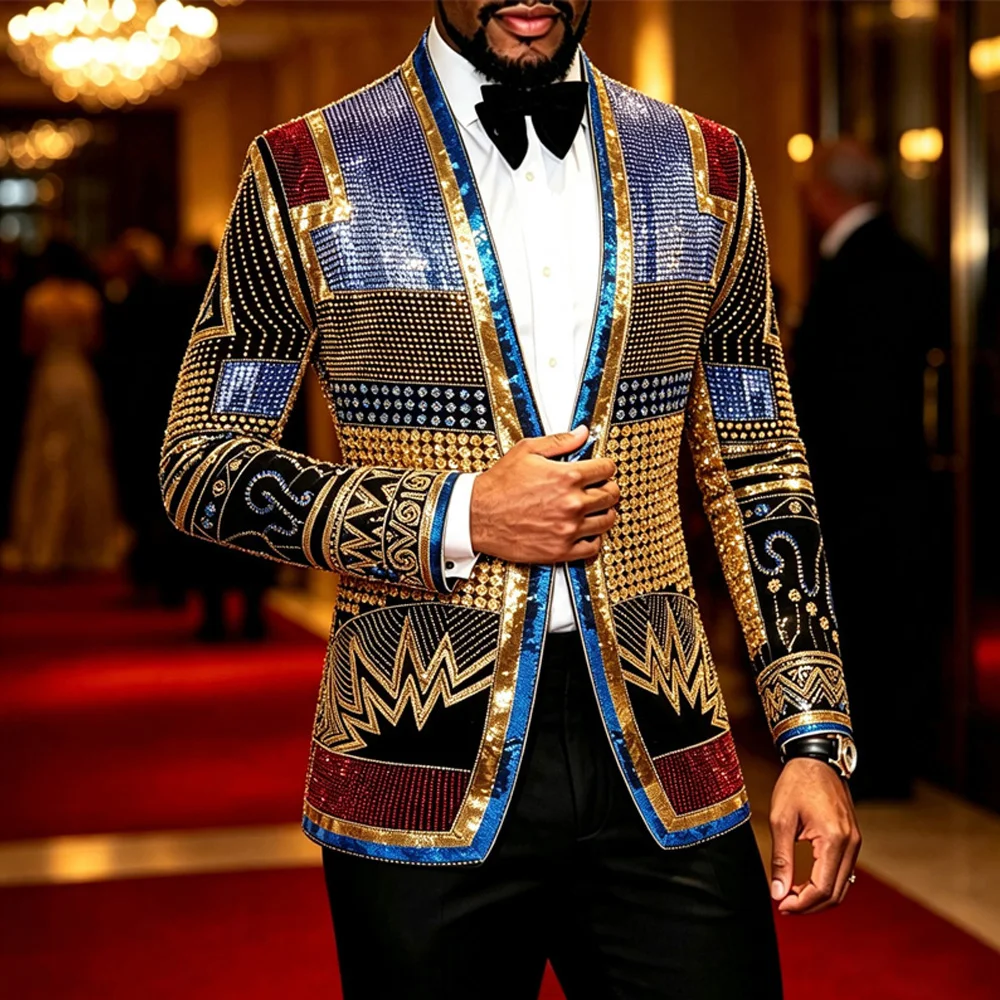 Men African Inspired Multicolor Sequin Blazer Shawl Lapel Gold Geometric Pattern Slim Fit Jacket Wedding Groom Tuxedo For Party Prom
