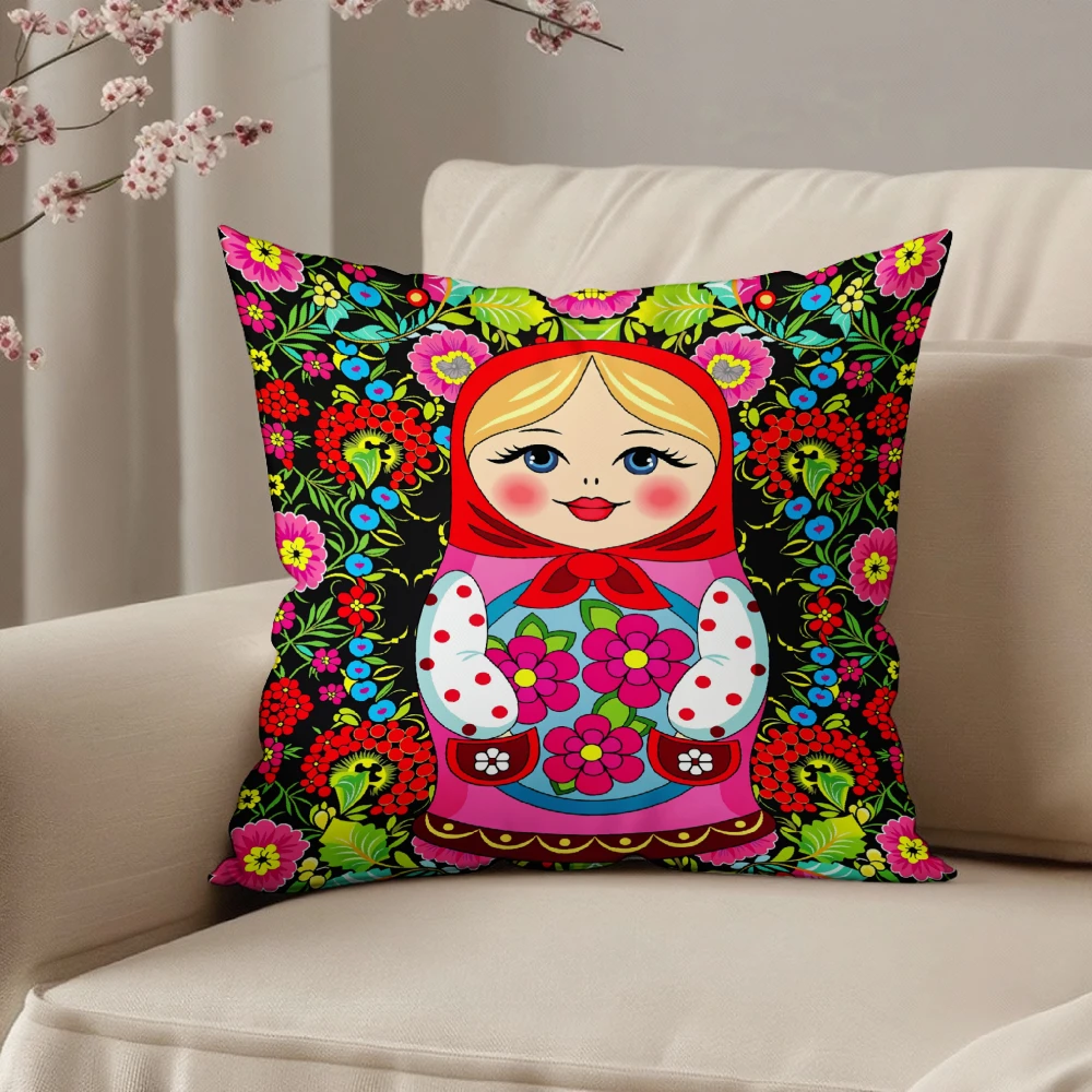 Square Throw Pillow Case Black Background Russian Matryoshka Doll Floral Print Decorative Cushion Cover For Sofa Bedroom Living