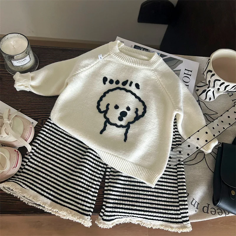Children's Clothing New Autumn Girls Cartoon Puppy Knitted Sweater Striped Frayed Casual Pants Two-piece Set