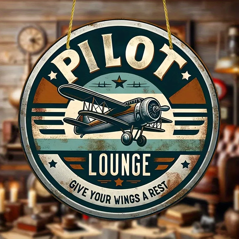 Vintage Pilot Lounge Aluminum Hanging Sign - Round Rustic Art with Airplane Design, Perfect for Door and Porch Decoration