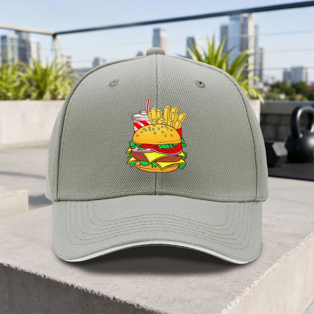 Burger Fries Meal Print Baseball Cap Unisex Adjustable Lightweight Polyester Hat for Outdoor Daily Wear
