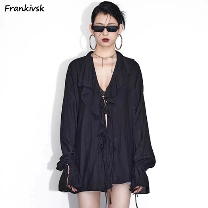 

Shirts Women Ruffles Tender Temperament Fashion European Style Chic Charming V-neck All-match Loose Cozy Spring Schoolgirls New