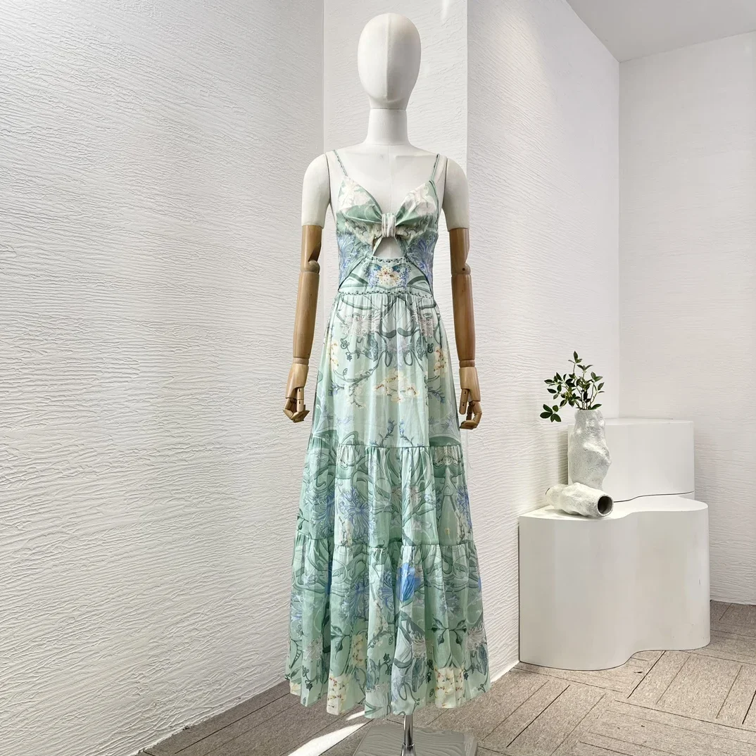 2025 Linen Silk  Re-tro Mint Green Floral Print High Quality Diamonds Women Sleeveless Pleats Spaghetti Camisole Long Dresses