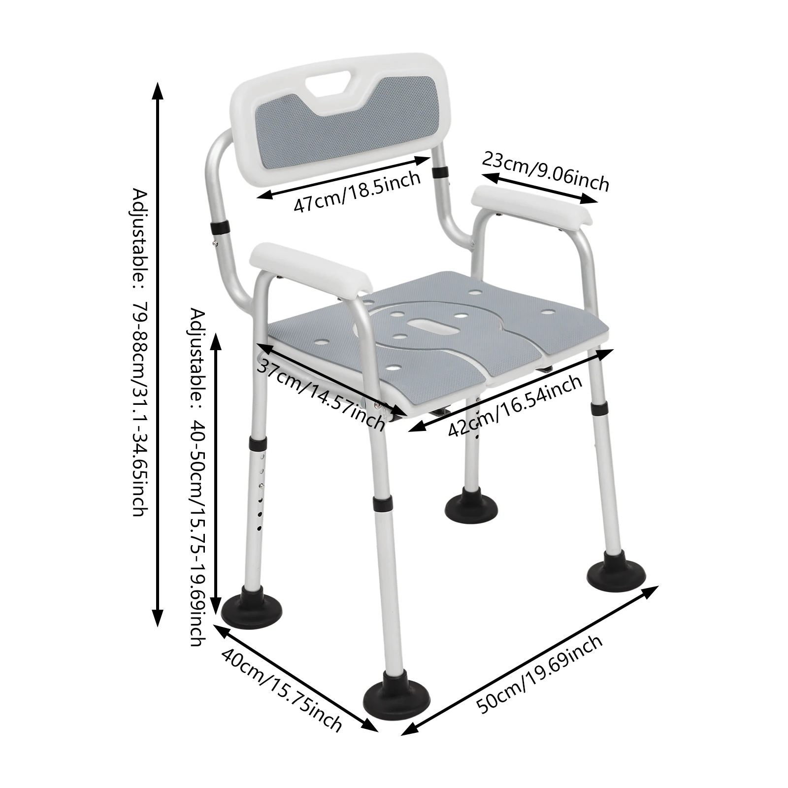 Duschstuhl für Senioren, höhenverstellbarer, bodenstehender Nachttisch-Toilettenstuhl mit Armlehnen und Rückenlehne – Detail 2