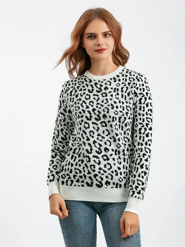 Nuevo en invierno, jerseys para mujer con estampado de leopardo, jersey básico con cuello redondo, Tops Vintage, suéteres de punto cálidos para mujer, ropa