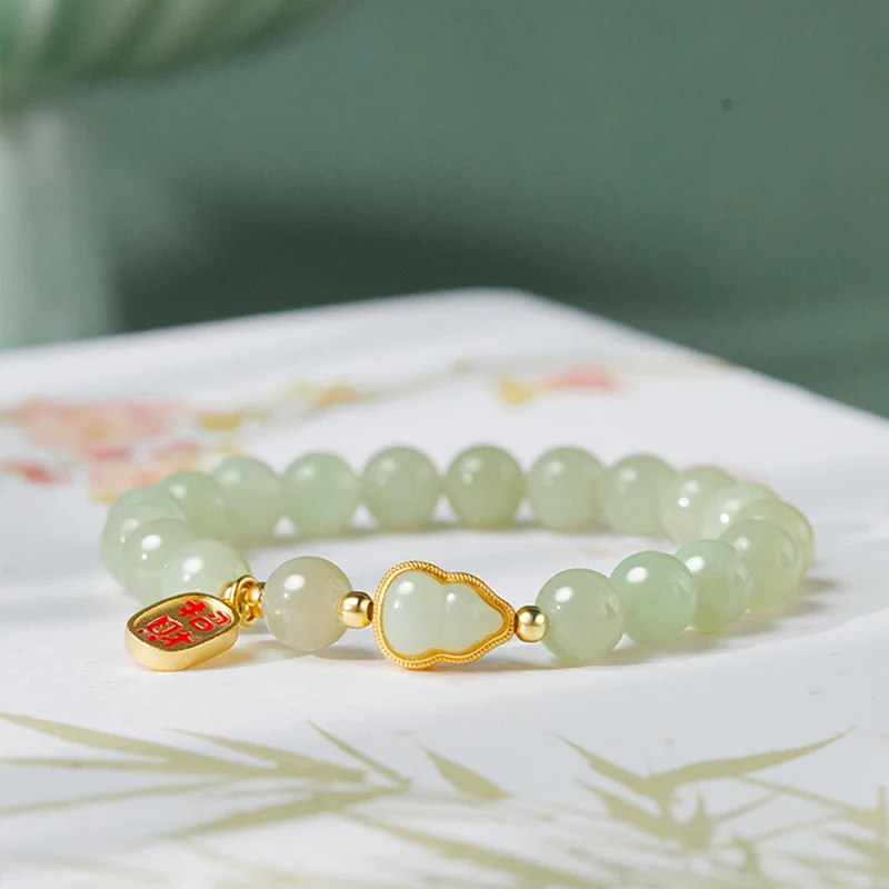 Lucky Hotan Jade Gourd Hand StringBead Natural Stone Beaded Bracelet For Girlfriend Bracelet Party Good Luck Gift