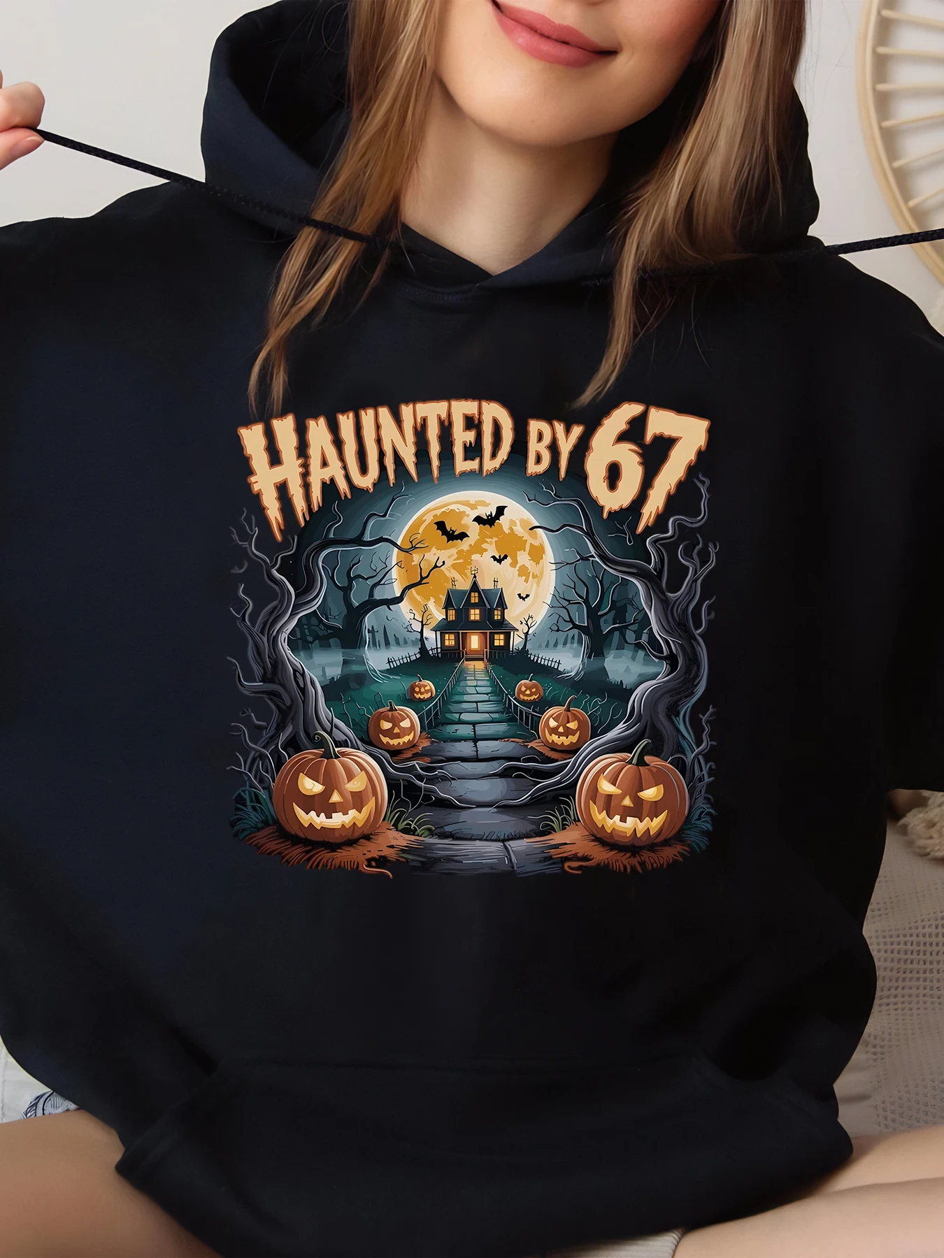 

Haunted by 67 Halloween Print Hoodie for Women and Men, Spooky Castle Pumpkin Design, Party Costume Wear, Black, Big Size