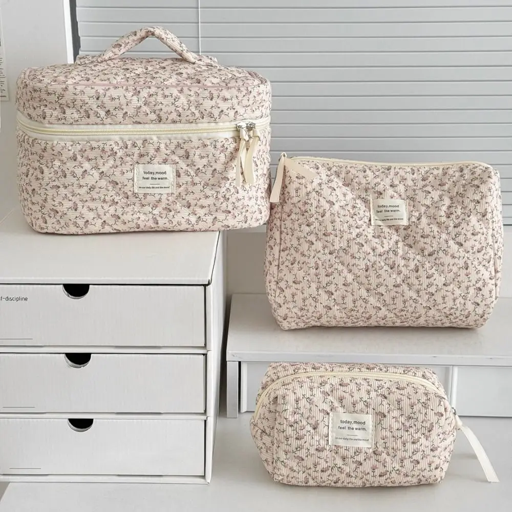 Ins Style Corduroy Aesthetic Cosmetic Organizer Large Capacity Zipper Floral Makeup Pouch Toiletry Bag Toiletries