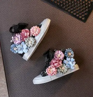 High Top Flower Girls Canvas Shoes Beading Kids Shoes Autumn Children's Shoes Korean Casual Sneakers Sider Zipper