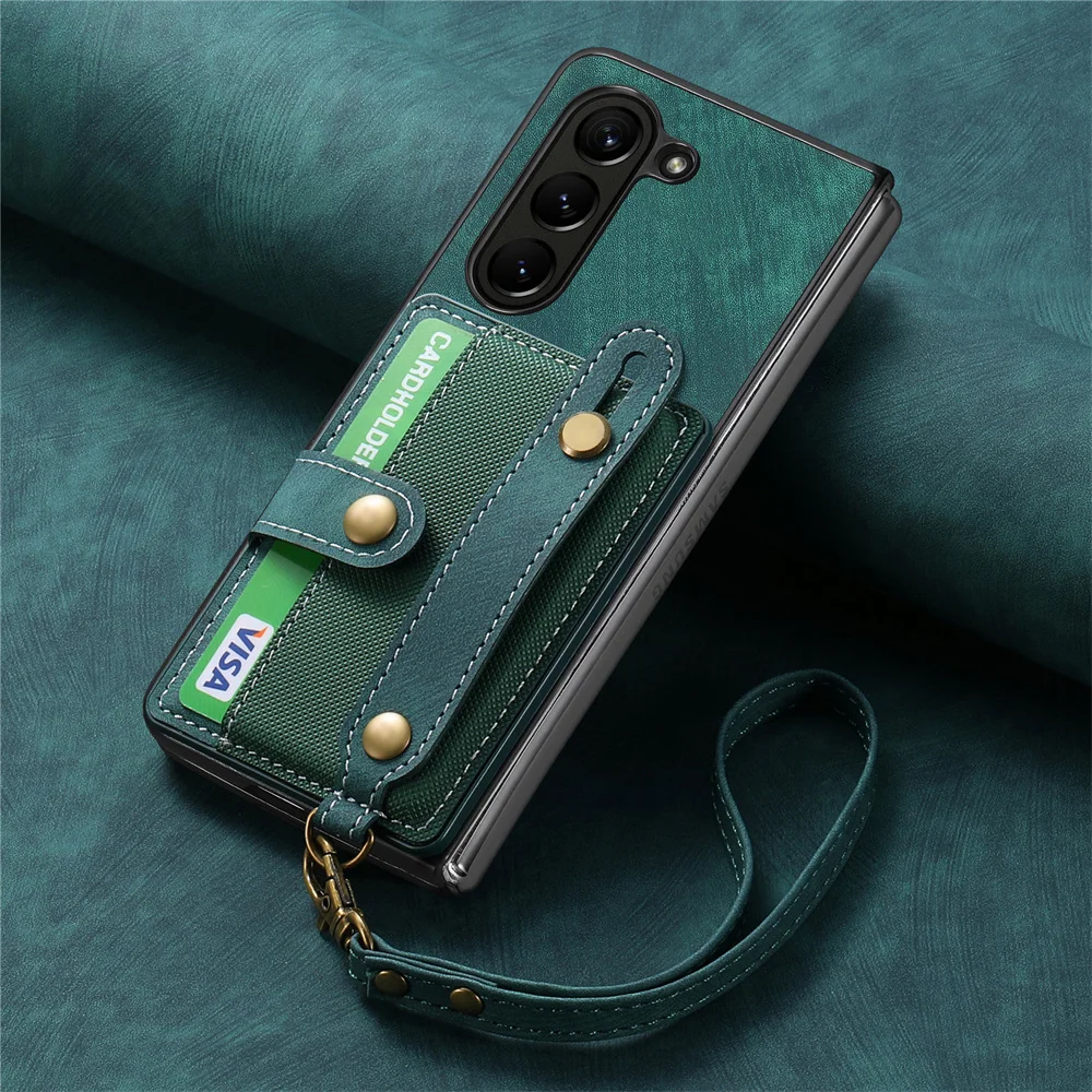 Wrist Strap PU Leather Stand Phone Case For Samsung Galaxy Z Fold 6 5 Fold6 Fold5 5G Wallet with Card Holder Shockproof Cover