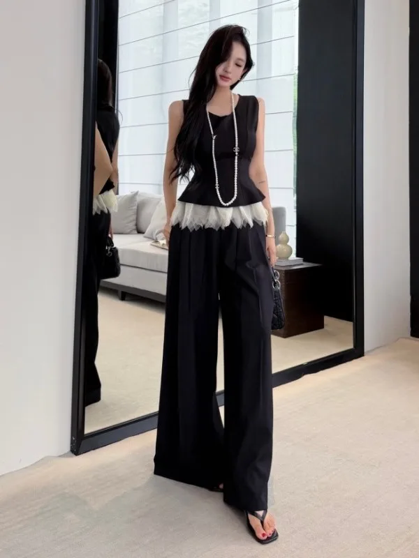 

Slimming High Waist Wide Leg Pants Top Bottoms Set Summer New Style Gauze Splicing Drapey Waist Inward Clothes Women's Fashion