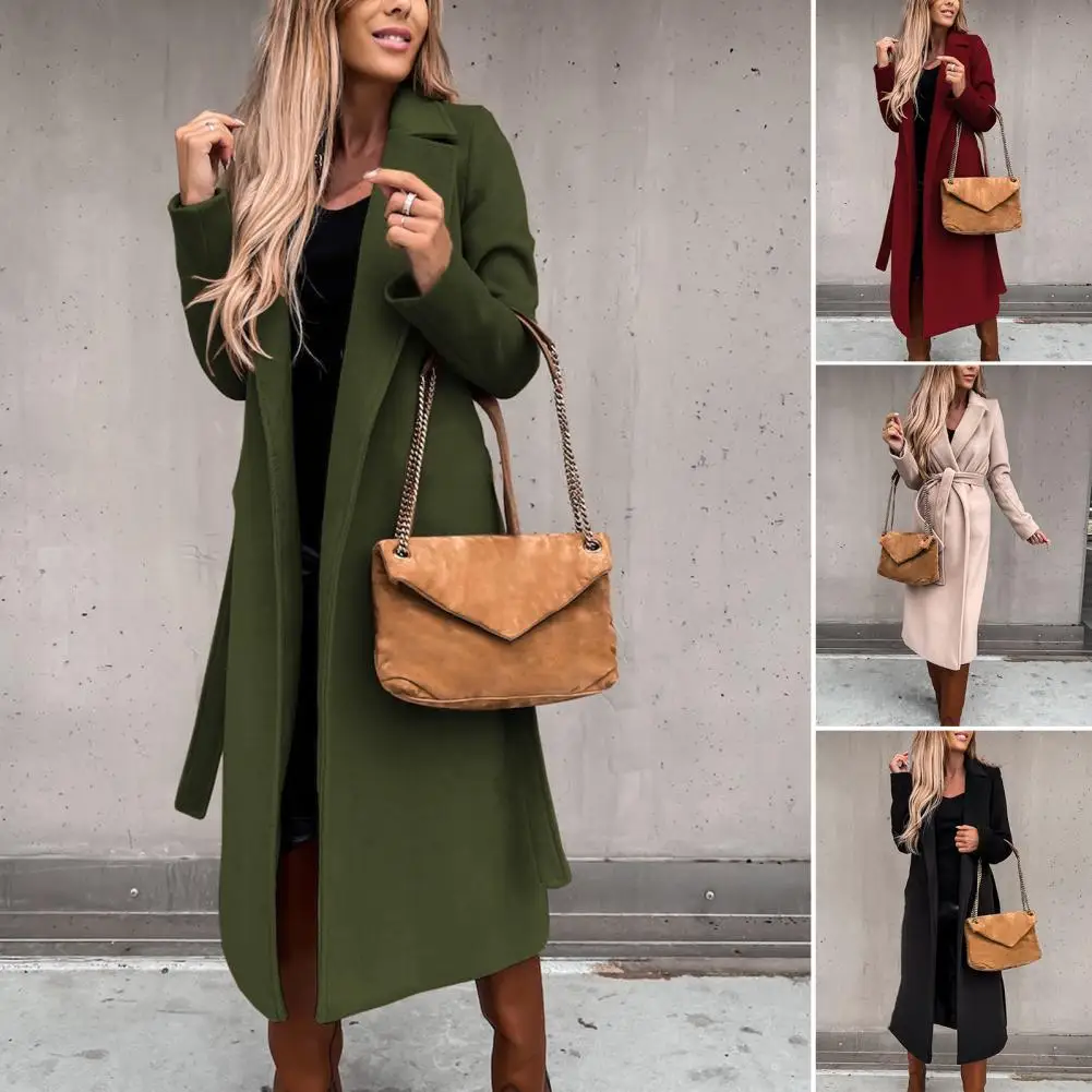 

Women Woolen Coat Belted Open Stitch Solid Color Trench Coat Autumn Winter Bandage Turndown Collar Outerwear Streetwear Jackets