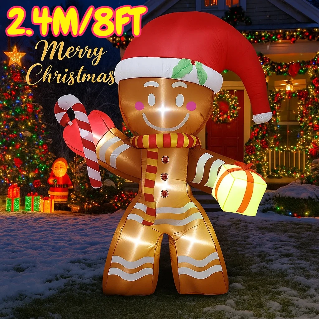 

2.4M/8FT Gingerbread Man Candy Cane Christmas Decorations Home Inflatable Toys with LED Lights Yard Xmas Ornaments Decor