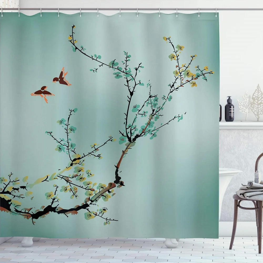 

Pale Teal Shower Curtain Flowers Buds and Birds with Cherry Branches Natural Scape Waterproof Fabric with Hooks Bath Curtains