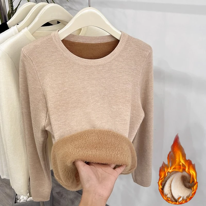 

New Warm Fleece Lined Knitwear Jumper Sweater Women Autumn Winter Thick Turtleneck Slim Knit Pullover Casual Solid O-neck Tops