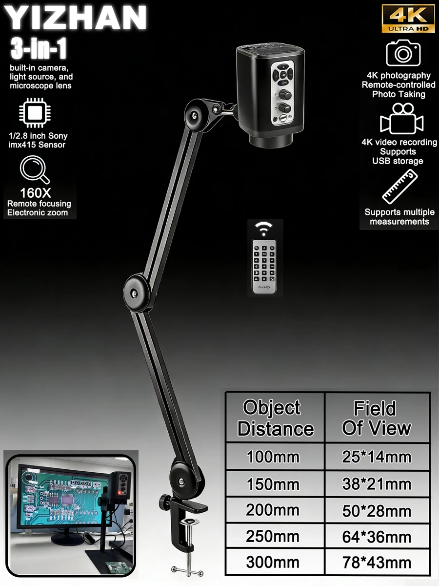 YIZHAN 3-in-1 4K mikroskope digital für Löten, 160x Digitalmikroskop mit langer Arbeitsdistanz, elektronische Zoomfunktion, Fernfokussierung