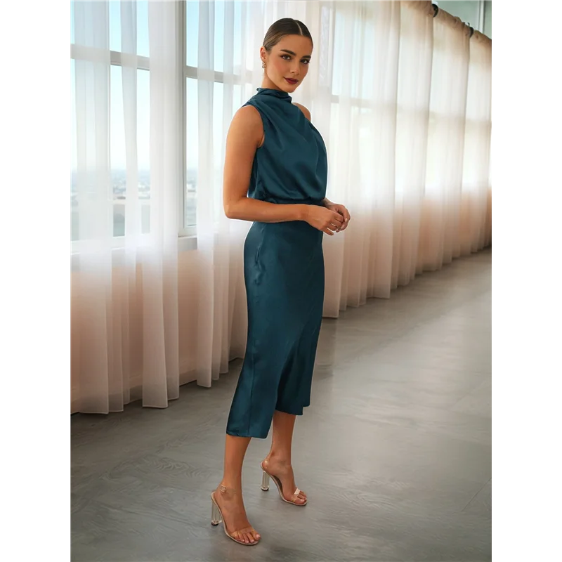 【】Damen-Sommer-Satinkleid 2025, elegant, ärmellos, Stehkragen, Cocktailparty, Maxikleider