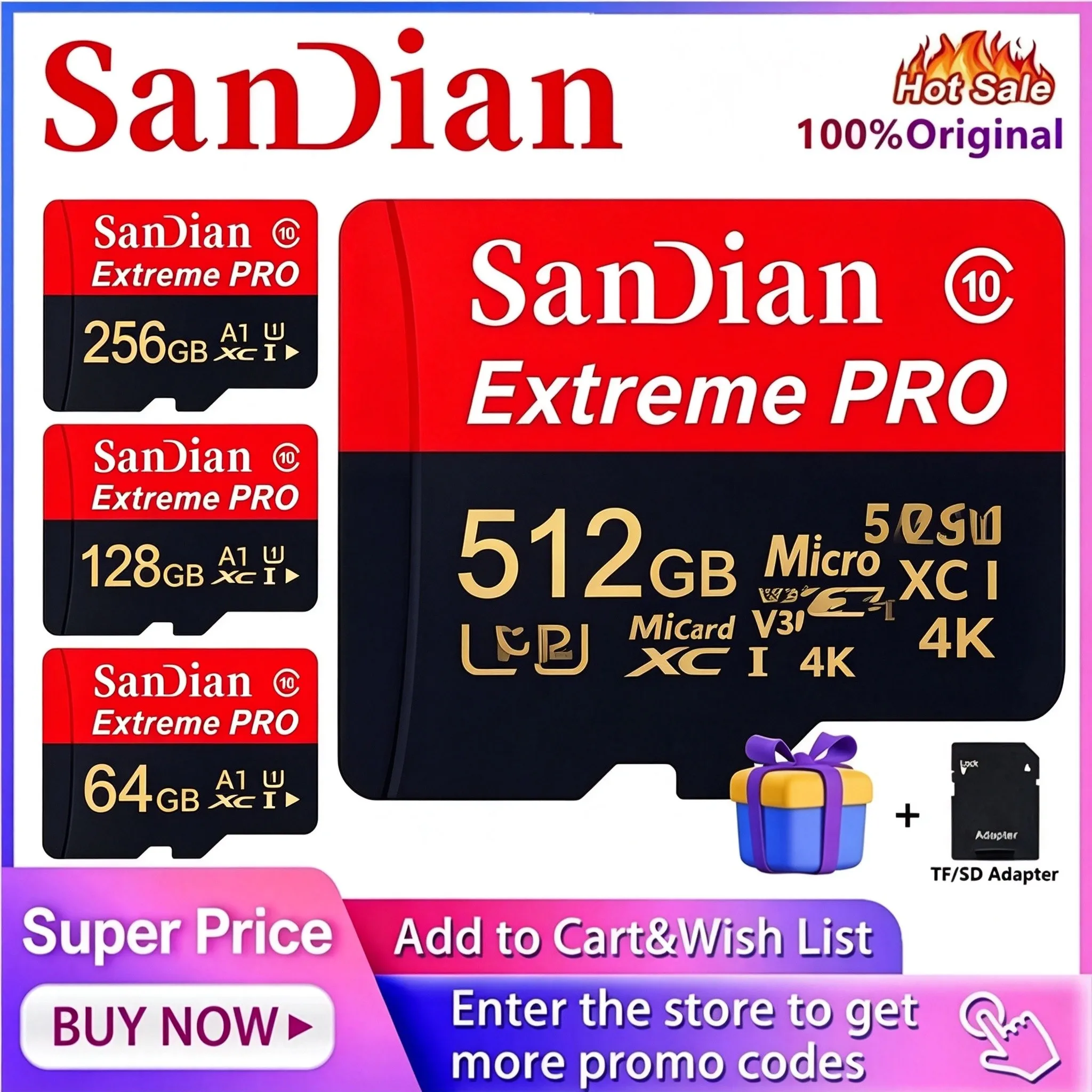 32GB 512GB 256GB Secure TF Cards SD Cards Micro TF SD Card Memory Card Fast Read V30 for Surveillance/CCTV/GPS/Sport Camera