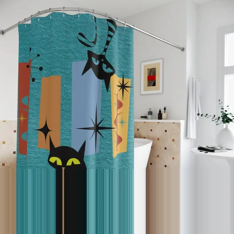 Mid Century Modern Atomic Cat Shower Curtains, Retro Kitschy Teal Bathroom Decor, Geometric Bath Curtains