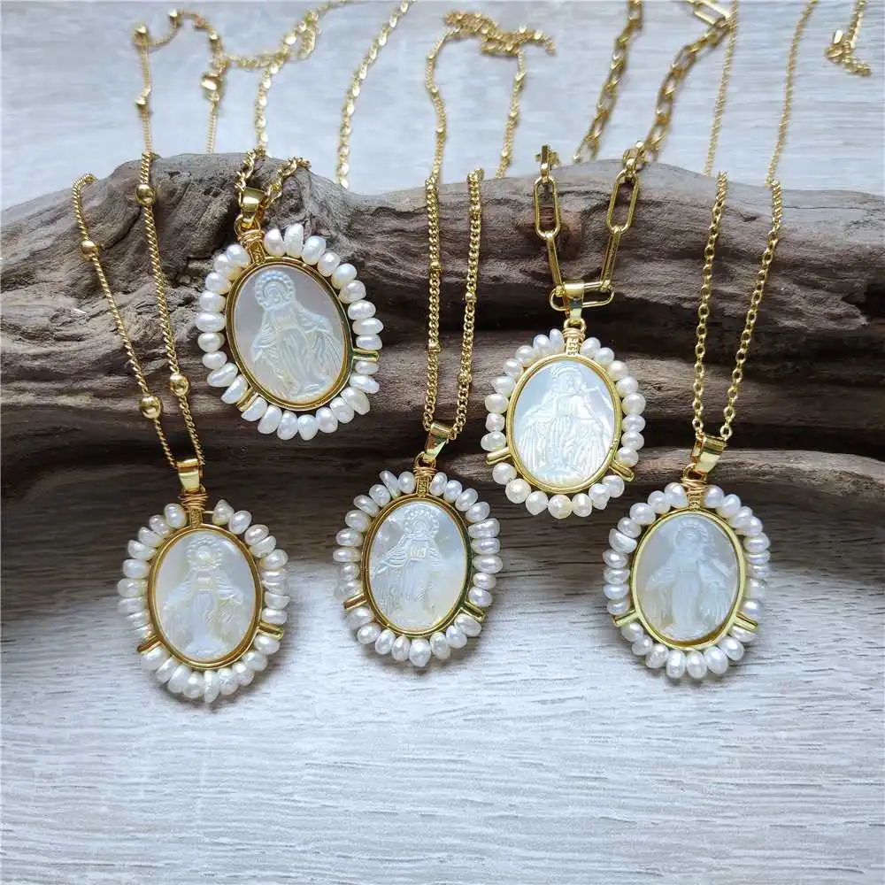 FUWO Wholesale Golden Filled Mother Mary Lady Guadalupe Shell Pearl Oval Bezel Necklace Jewelry For Women NC616 5Pieces/Lot