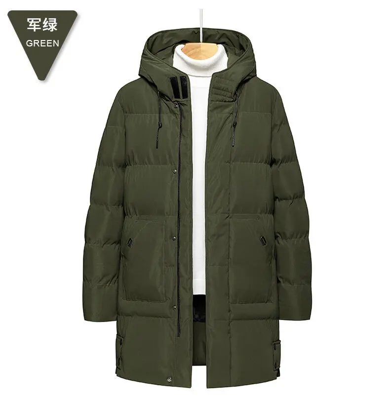 Men Mid Long Hooded Padded Cotton Jacket Plus Size Thick Warm Quilted Winter Coat Drawstring Hood Casual Cold Weather Outerwear