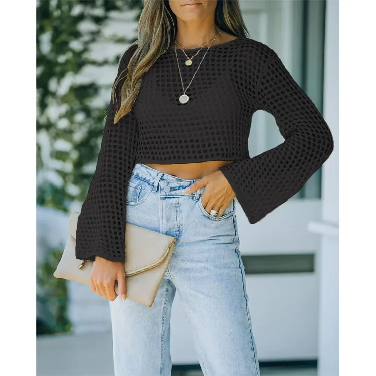 2024 Sommer neue europäische und amerikanische Strickwaren Flare Ärmel lose Rundhals Hohl pullover für Frauen SFC44-3