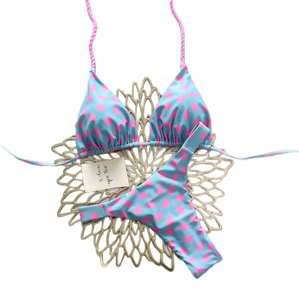 Woman Bikini Triangle Top Light Blue Base Bikinis Thong Bottom Heart Print Swimsuit Adjustable Straps Two Piece Swimsuit