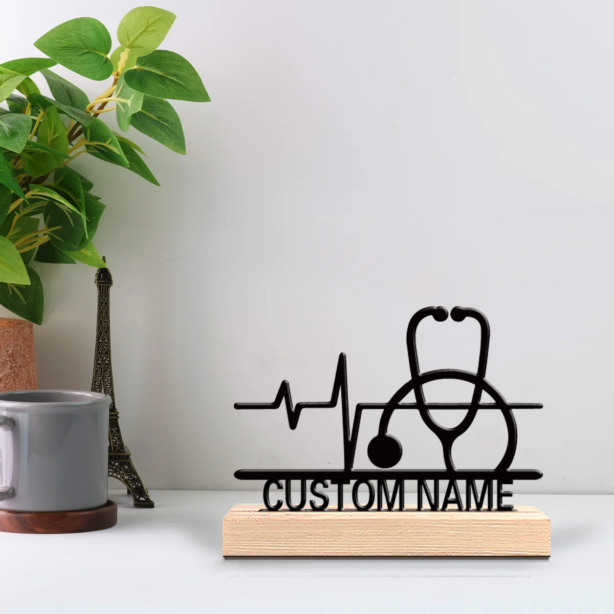 1pc ECG stethoscope Customized Name Tin Statue Metal Figurine With Wood Base Iron Statue With Wood Base For Friend Gifts