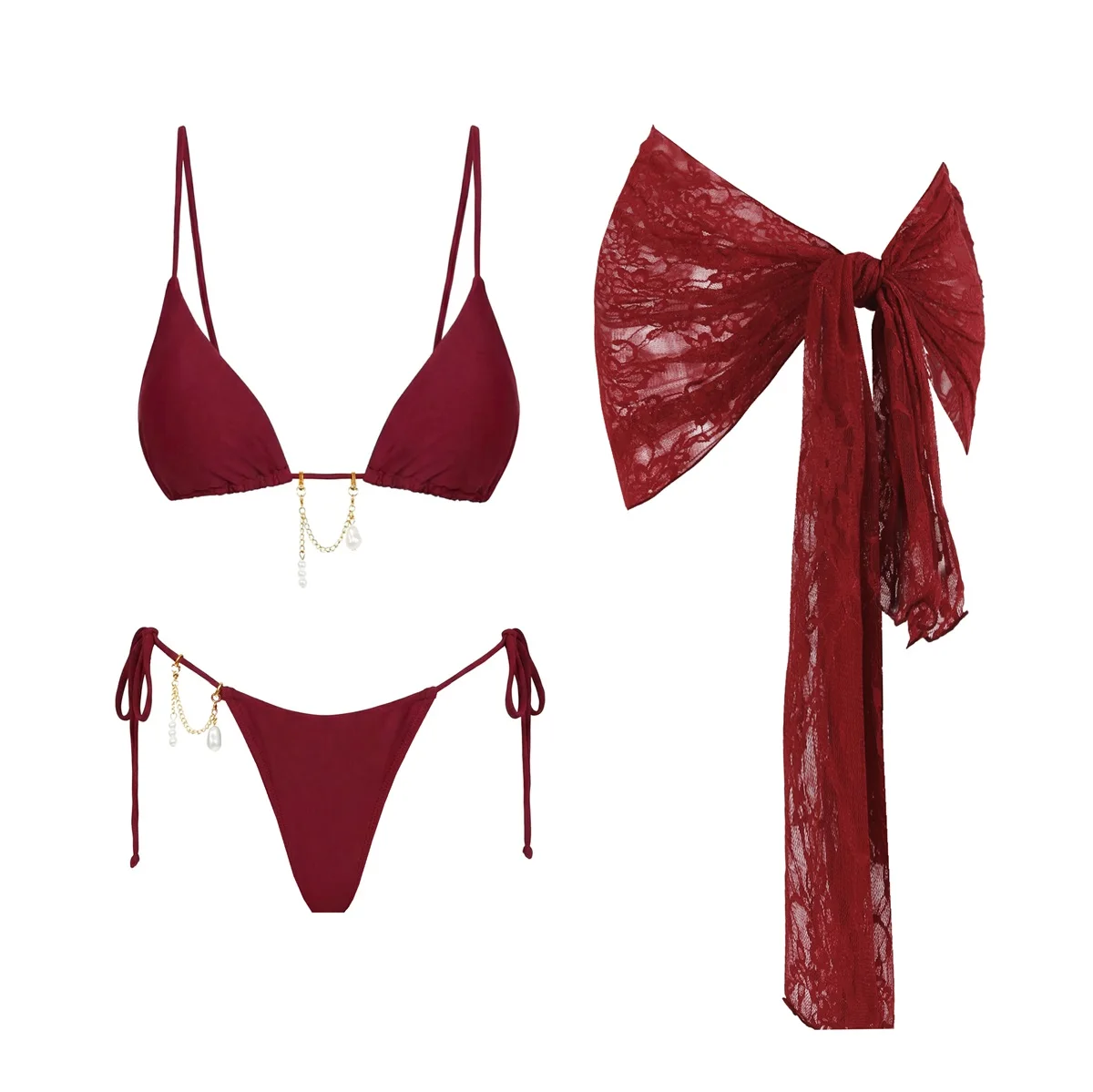 Wine Red 3Pcs Bikini Sexy Swimsuit Women 2026 New Swimwear Lace Sarong Swim Suit Push Up Bathingsuit Bandeau Biquini Beachwear