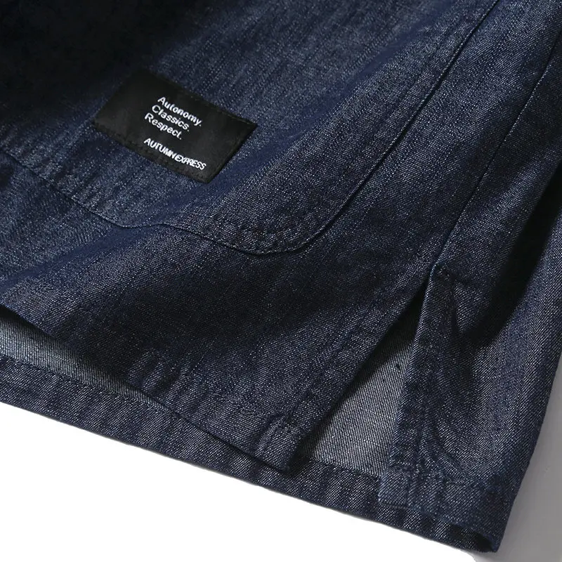 Men Summer Chinese Style Buttons Stand Collar Streetwear Vintage Loose Casual Short Sleeve Denim Shirts Cityboy Blouses Man