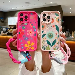 Wrist Chain Lanyard Phone Case for iPhone 11 12 13 14 15 16 Pro MAX XS Max XR 7 8 16 Plus Cute Flower Hand Strap Soft TPU Cover