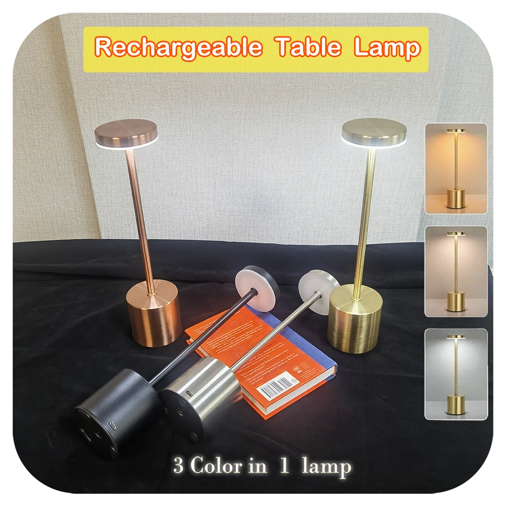 Metal Table Lamp Rechargeable Night Light 3 Colors Dimming Touch Desk Lamp for Student Dorm Piano Room Hotel Bookstore Bar Room