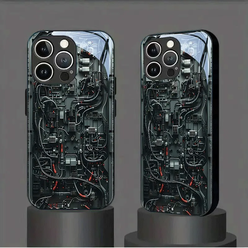 Kreatives Mechanisches Schaltkreis-Design Gehärtetes Glas Handyhülle für iPhone 18 17 16 15 14 13 12 11 Pro Max 17Air 16E 7 Plus XR XS X Cover – Detail 3