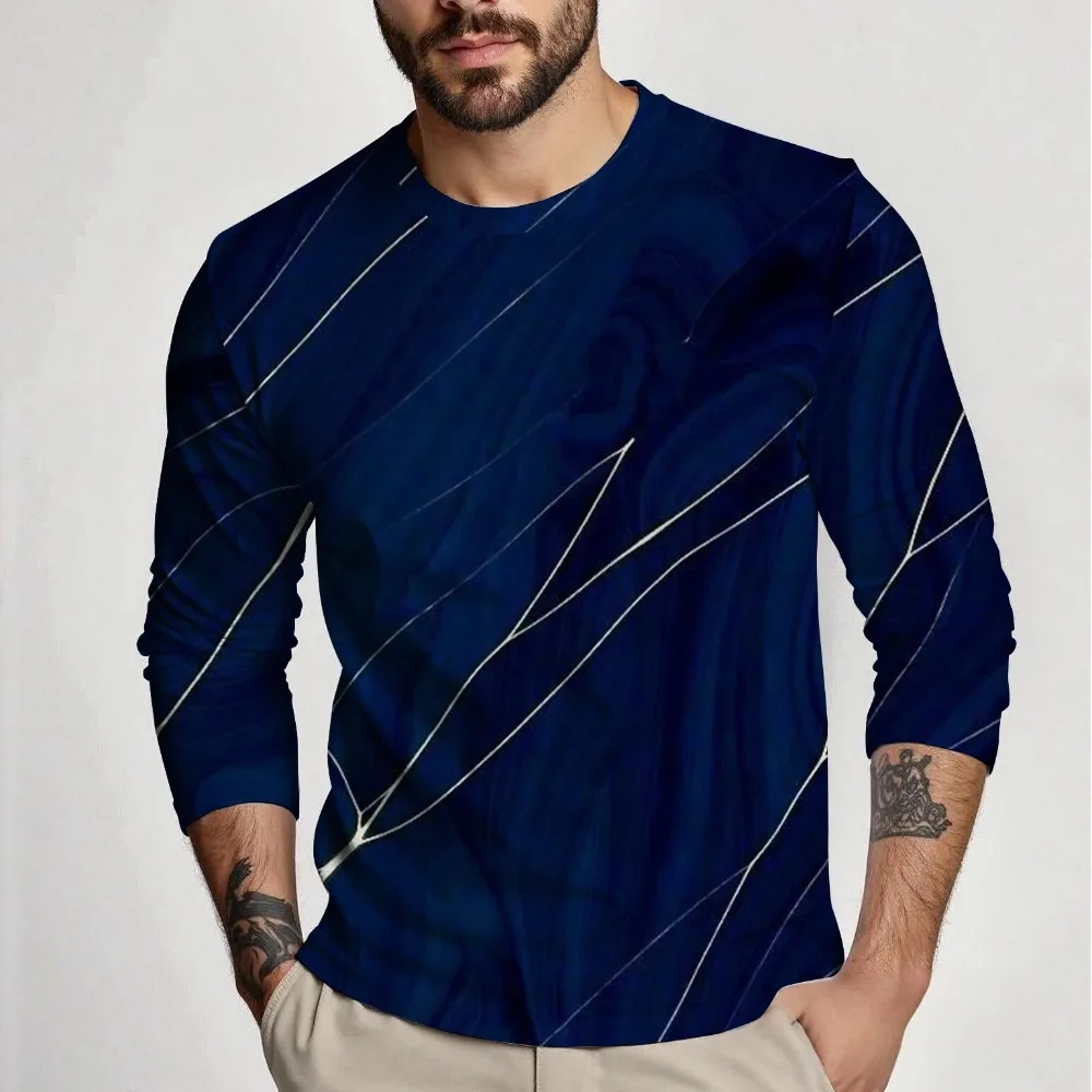 Men's Spring-Autumn 3D Printed Round-neck Long-sleeved T-shirt - Single-color Design - Comfortable and Versatile Family Clothing