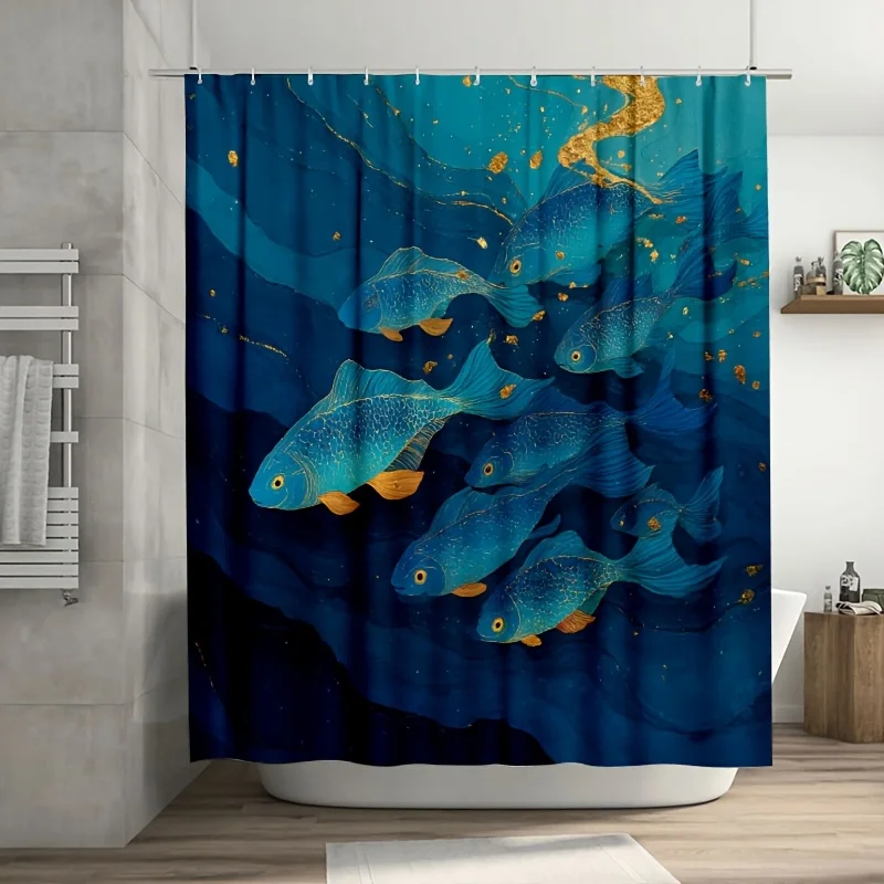 ブルー熱帯魚水中シャワーカーテン浴室装飾海洋生物海洋鯉柄カーテン180x180cm