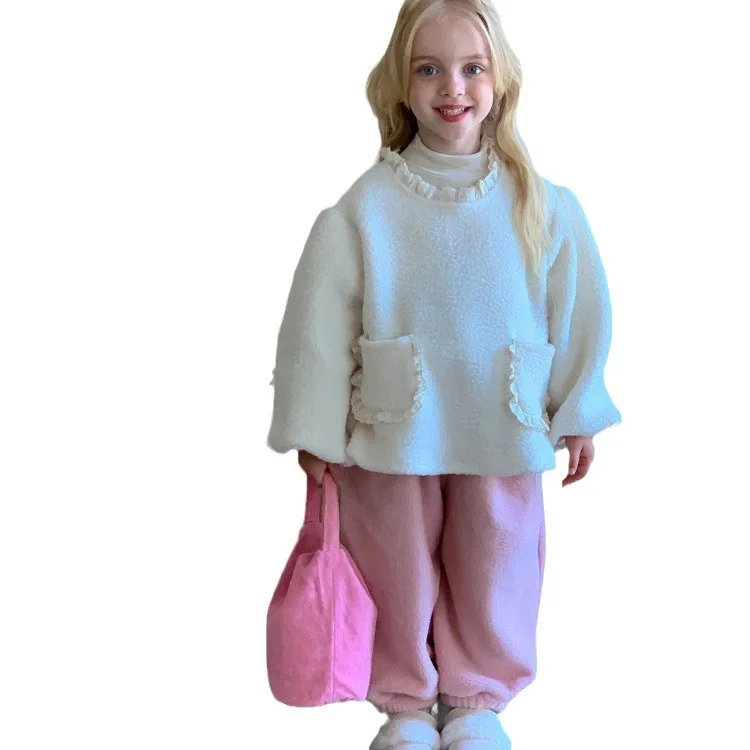 Autumn Winter Children Girl Thicken 2PCS Clothes Set Lace Collar Velvet Kid Girl Pullovers Pink Loose Toddler Girls Jogger Pants image 5