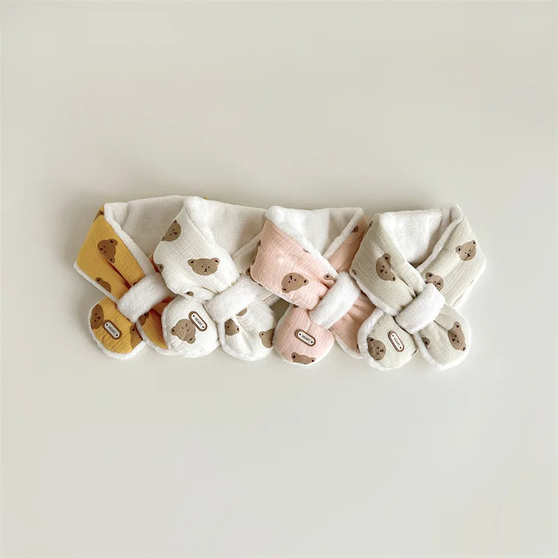 Bär Baby Winter Schal für Mädchen Jungen Koreanische Warme Fleece Kinder Hals Wärmer Kreuz Kinder Schals Baby Zubehör 1-6Y – Detail 3
